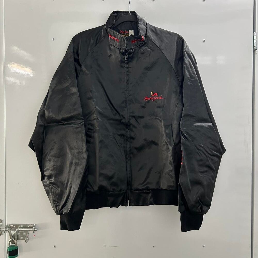 Black and red vintage 80s Red Baron Pizza Racing windbreaker jacket